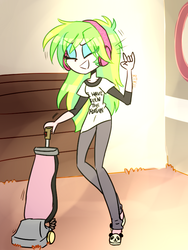 Size: 600x800 | Tagged: safe, artist:rosethekitty11, lemon zest, equestria girls, g4, clothes, cute, eyes closed, eyeshadow, female, headphones, listening, makeup, slippers, solo, vacuum cleaner