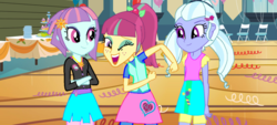 Size: 1024x461 | Tagged: safe, artist:gouhlsrule, sour sweet, sugarcoat, sunny flare, equestria girls, g4, canterlot high, crossed arms, female, one eye closed, trio, trio female, wink