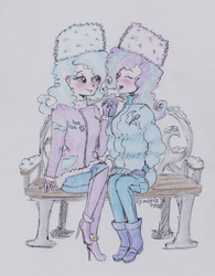 Size: 1260x1613 | Tagged: safe, artist:marta4708, starlight glimmer, trixie, human, g4, bench, blushing, boots, clothes, female, hat, humanized, jacket, lesbian, pants, ship:startrix, shipping, traditional art, winter