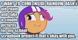 Size: 1280x667 | Tagged: safe, edit, edited screencap, screencap, scootaloo, g4, parental glideance, bait and switch, derp, female, image macro, iwtcird, meme, solo, text