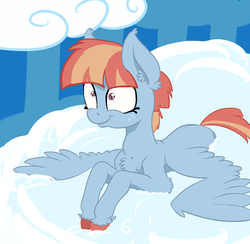 Size: 1658x1615 | Tagged: safe, artist:paskanaakka, derpibooru exclusive, windy whistles, pony, g4, chest fluff, cloud, ear fluff, female, prone, shrunken pupils, sky, smiling, solo, spread wings, wings