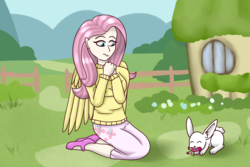 Size: 1920x1280 | Tagged: safe, artist:saturnstar14, angel bunny, fluttershy, human, g4, eating, female, humanized, opening, scene interpretation, sharing kindness, solo