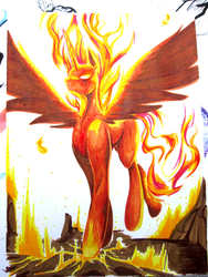 Size: 1200x1600 | Tagged: safe, artist:aerolp, nightmare star, princess celestia, alicorn, pony, g4, burning, female, mane of fire, solo, spread wings, traditional art, wings