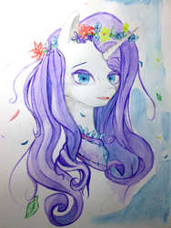 Size: 1200x1600 | Tagged: safe, artist:aerolp, rarity, pony, g4, bust, female, floral head wreath, flower, portrait, solo, traditional art, watercolor painting