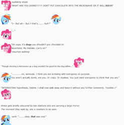 Size: 853x864 | Tagged: safe, artist:dziadek1990, pinkie pie, rainbow dash, g4, conspiracy, conversation, dialogue, emote story, emotes, pinkie being pinkie, pinkie physics, reddit, slice of life, text