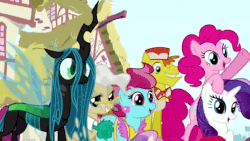 Size: 600x338 | Tagged: safe, derpibooru exclusive, edit, edited edit, edited screencap, screencap, apple bloom, carrot cake, cup cake, mayor mare, pinkie pie, queen chrysalis, rarity, scootaloo, sweetie belle, changeling, changeling queen, earth pony, pegasus, pony, unicorn, g4, a better ending for chrysalis, alternate scenario, alternate universe, animated, character development, comparison, cropped, cute, cutealis, dork, dorkalis, female, former queen chrysalis, gif, intro, meta, opening, parody, reformed, smiling, soon, theme song, what if, when she smiles