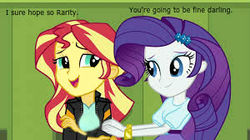 Size: 300x168 | Tagged: safe, edit, edited screencap, screencap, rarity, sunset shimmer, comic:a new change, equestria girls, g4, my little pony equestria girls: friendship games, bad edit, bracelet, clothes, cute, jacket, jewelry, leather jacket, lockers, looking at each other, picture for breezies, sick