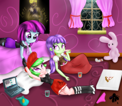 Size: 2300x2000 | Tagged: safe, artist:katakiuchi4u, drama letter, mystery mint, starlight, watermelody, equestria girls, g4, background human, beanie (plushie), bed, bedroom, beret, boots, clothes, computer, cute, female, food, high heel boots, high res, laptop computer, long skirt, off shoulder, pantyhose, pizza, plushie, ripped pantyhose, shirt, skirt, smiling, trio