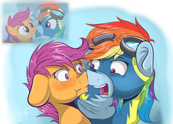 Size: 1400x1000 | Tagged: safe, artist:redheadfly, rainbow dash, scootaloo, pegasus, pony, g4, parental glideance, blushing, boop, clothes, colored pupils, female, filly, goggles, looking at each other, mare, noseboop, scene interpretation, uniform, wonderbolts uniform