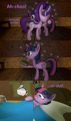 Size: 1920x3240 | Tagged: safe, artist:red4567, starlight glimmer, twilight sparkle, alicorn, pony, g4, 3d, bed, book, cold, comic, coughing, dialogue, flu, red nosed, sick, sneezing, source filmmaker, twilight sparkle (alicorn)