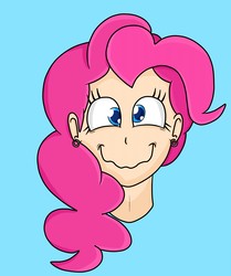 Size: 1836x2196 | Tagged: safe, artist:purplesmile15, pinkie pie, human, g4, blue background, bust, ear piercing, earring, female, humanized, jewelry, nervicited, piercing, portrait, silly, simple background, smiling, solo, wavy mouth