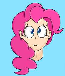 Size: 1836x2169 | Tagged: safe, artist:purplesmile15, pinkie pie, human, g4, blue background, bust, ear piercing, earring, female, humanized, jewelry, piercing, portrait, simple background, smiling, solo