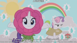 Size: 1280x715 | Tagged: safe, edit, edited screencap, screencap, rarity, sweetie belle, pony, forever filly, g4, flower, flower costume, flowerity, genesis, looking at you, peter gabriel, reference, seedie belle, smiling, song reference, supper's ready, sweetie belle is not amused, treehouse logo, unamused