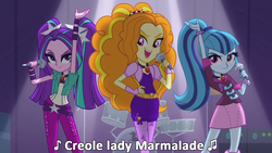 Size: 1280x720 | Tagged: safe, edit, edited screencap, screencap, adagio dazzle, aria blaze, sonata dusk, equestria girls, g4, my little pony equestria girls: rainbow rocks, christina aguilera, evil grin, grin, labelle, lady marmalade, lil kim, looking at you, microphone, moulin rouge, music notes, mya, p!nk, reference, singing, smiling, song reference, the dazzlings, under our spell