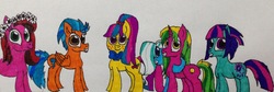 Size: 2448x821 | Tagged: safe, artist:frollo7797, gloriosa daisy, indigo zap, lemon zest, sour sweet, sugarcoat, sunny flare, pony, equestria girls, g4, equestria girls ponified, ponified, shadow five, traditional art