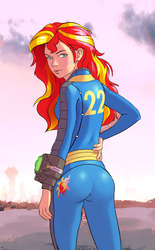 Size: 1188x1920 | Tagged: safe, artist:gsphere, sunset shimmer, human, equestria girls, g4, ass, bunset shimmer, butt, crossover, fallout, female, humanized, pipboy, solo, vault 22