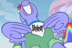 Size: 600x400 | Tagged: safe, edit, edited screencap, screencap, bow hothoof, pegasus, pony, g4, parental glideance, bow's t-shirt, clothes, grin, male, meme, nose in the air, slipknot, smiling, solo, stallion, volumetric mouth, wing hands