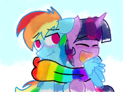 Size: 800x600 | Tagged: safe, artist:rainbowpaint1, rainbow dash, twilight sparkle, pegasus, pony, g4, clothes, cute, earmuffs, female, lesbian, mare, scarf, ship:twidash, shipping, snow