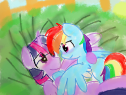 Size: 800x600 | Tagged: safe, artist:rainbowpaint1, rainbow dash, twilight sparkle, alicorn, pegasus, pony, g4, cute, female, grass, lesbian, mare, on back, ship:twidash, shipping, twilight sparkle (alicorn)