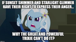 Size: 896x500 | Tagged: safe, edit, edited screencap, screencap, trixie, equestria girls, g4, my little pony equestria girls: rainbow rocks, female, grammar error, image macro, meme, solo, trixie yells at everything