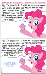 Size: 673x1052 | Tagged: safe, artist:kturtle, pinkie pie, earth pony, pony, g4, caffeine, coffee, cupcake, dialogue, female, food, looking at you, open mouth, pinkie found the coffee, solo, subverted meme, trembling