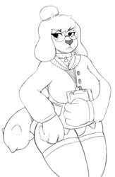 Size: 1054x1617 | Tagged: safe, artist:ultrabeast05, oc, oc only, oc:chalk, diamond dog, black and white, blushing, book, chubby, clothes, collar, female, female diamond dog, glasses, grayscale, hair bun, monochrome, shorts, simple background, solo, sweater, white background