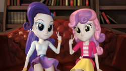 Size: 1920x1080 | Tagged: safe, artist:razethebeast, rarity, sweetie belle, equestria girls, 3d, book, bookshelf, boyshorts, clothes, couch, cute, duo, looking at you, panties, peace sign, purple underwear, shirt, sisters, skirt, skirt lift, smiling, source filmmaker, underwear, upskirt