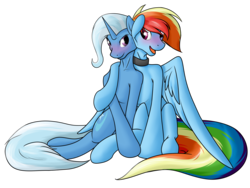 Size: 3294x2472 | Tagged: safe, artist:diction, rainbow dash, trixie, pony, unicorn, g4, blushing, collar, female, high res, hug, lesbian, mare, open mouth, shipping, simple background, story in the source, transparent background, trixdash