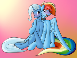 Size: 3294x2472 | Tagged: safe, artist:diction, rainbow dash, trixie, pegasus, pony, unicorn, g4, blushing, collar, female, gradient background, high res, hug, lesbian, mare, open mouth, shipping, story in the source, trixdash