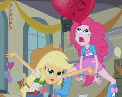 Size: 341x271 | Tagged: safe, screencap, applejack, pinkie pie, sunset shimmer, equestria girls, g4, my little pony equestria girls, arms spread out, balloon, boots, bracelet, clothes, cowboy hat, denim skirt, female, hat, heart balloon, high heel boots, jewelry, jumping, open mouth, skirt, stetson, wat