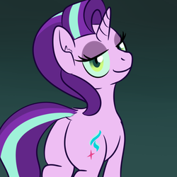 Size: 1000x1000 | Tagged: safe, artist:yakoshi, queen chrysalis, starlight glimmer, changeling, changeling queen, pony, unicorn, g4, 30 minute art challenge, bedroom eyes, bugbutt, butt, chrysalass, disguise, disguised changeling, dock, fake starlight glimmer, female, glimmer glutes, gradient background, lidded eyes, looking at you, looking back, looking back at you, mare, plot, rear view, smiling, solo