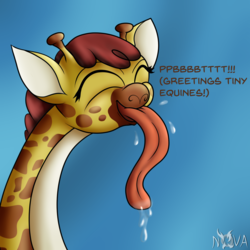 Size: 1500x1500 | Tagged: safe, artist:novaspark, clementine, giraffe, fluttershy leans in, g4, drool, drool string, female, giraffes doing giraffe things, long tongue, onomatopoeia, raspberry, raspberry noise, silly, smiling, solo, tongue out