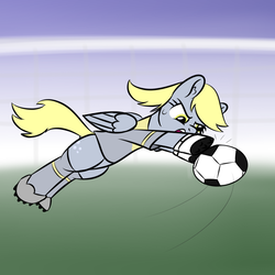Size: 1000x1000 | Tagged: safe, artist:yakoshi, derpy hooves, pegasus, pony, g4, 4chan cup, clothes, female, football, gloves, goalkeeper, mare, safest hooves, short-sleeved goalkeeper jersey, solo, sports