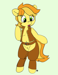 Size: 1280x1648 | Tagged: safe, artist:pabbley, braeburn, earth pony, pony, g4, bailey sweet, belly button, bipedal, chaps, female, implied transformation, mare, open mouth, pubic fluff, pubic mound, rule 63, simple background, solo