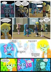 Size: 1600x2263 | Tagged: safe, artist:jucamovi1992, flash sentry, oc, oc:golden heart, oc:piscis, oc:radne, oc:speed wave, mermaid, comic:i love you (jucamovi1992), equestria girls, g4, blushing, carrying, comic, confession, gym, oc x oc, shipping, this will end in tears, this will end in tears and/or death