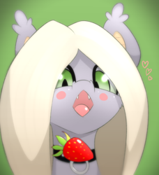 Size: 1280x1402 | Tagged: safe, artist:n0nnny, oc, oc only, oc:sanguine morning, bat pony, pony, :<>, berry, blush sticker, blushing, collar, ear fluff, eye shimmer, eyes on the prize, fangs, female, food, green background, heart, mare, open mouth, shock, simple background, solo, strawberry
