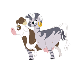 Size: 909x955 | Tagged: safe, artist:theunknowenone1, daisy jo, zecora, cow, zebra, g4, busty zecora, conjoined, cowbra, female, fusion, jocora, moobra, multiple heads, simple background, two heads, udder, what has science done, white background, zebrow