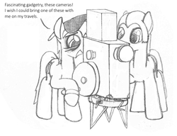 Size: 911x698 | Tagged: safe, artist:dsb71013, oc, oc only, oc:night cap, oc:static signal, pony, camera, comic, monochrome, sunglasses