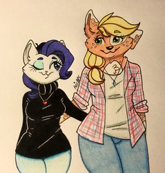 Size: 2209x2307 | Tagged: safe, artist:ameliacostanza, applejack, rarity, cat, dog, anthro, g4, clothes, female, furry, high res, lesbian, one eye closed, pants, ship:rarijack, shipping, species swap, traditional art