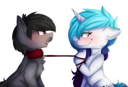 Size: 2605x1781 | Tagged: safe, artist:oddends, oc, oc only, pegasus, pony, unicorn, collar, duo, leash, pet play, pet tag, simple background, white background