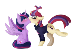 Size: 3637x2399 | Tagged: safe, artist:oddends, moondancer, twilight sparkle, alicorn, pony, unicorn, g4, blushing, clothes, eyes closed, female, glasses, high res, horn, kissing, lesbian, mare, ship:twidancer, shipping, simple background, sweater, tail, twilight sparkle (alicorn), white background, wings