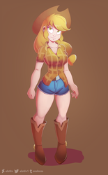 Size: 1773x2862 | Tagged: safe, artist:vesmirart, applejack, human, g4, boots, clothes, cowboy boots, cowboy hat, cute, daisy dukes, female, hat, humanized, shoes, shorts, solo, stetson