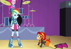 Size: 579x401 | Tagged: safe, screencap, pinkie pie, rainbow dash, sunset shimmer, equestria girls, g4, my little pony equestria girls: rainbow rocks, angry, boots, bracelet, clothes, compression shorts, cymbals, drum kit, drums, female, guitar, high heel boots, jacket, jewelry, leather jacket, looking at each other, musical instrument, skirt, socks, wristband