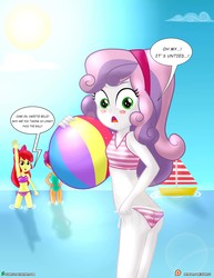Size: 1500x1942 | Tagged: safe, artist:dieart77, apple bloom, scootaloo, sweetie belle, human, equestria girls, g4, ass, ball, beach, beach ball, belly button, bikini, blushing, boat, boobs and butt pose, breasts, butt, clothes, cutie mark crusaders, delicious flat chest, dialogue, embarrassed, female, flatie belle, green swimsuit, midriff, ocean, one-piece swimsuit, pink swimsuit, purple swimsuit, rear view, side-tie bikini, speech bubble, striped swimsuit, sweetie butt, swimsuit, wardrobe malfunction, water