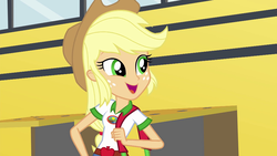 Size: 1280x720 | Tagged: safe, screencap, applejack, equestria girls, g4, my little pony equestria girls: legend of everfree, camp everfree outfits, cowboy hat, cute, duffle bag, female, freckles, hat, open mouth, school bus, solo, stetson
