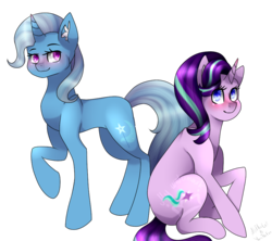 Size: 948x843 | Tagged: safe, artist:alithecat1989, artist:yanafox123, starlight glimmer, trixie, pony, unicorn, g4, collaboration, colored pupils, duo, female, looking at you, mare, raised hoof, simple background, smiling, transparent background