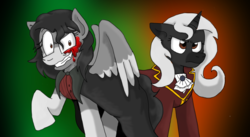 Size: 2316x1266 | Tagged: safe, artist:shonatabeata, oc, oc only, oc:ghost quill, oc:silhouette, pony, the count of monte rainbow, clothes, cosplay, costume, dr jekyll and mr hyde, edmond dantes, miss pie, rainbow dantes, raised hoof, the count of monte cristo