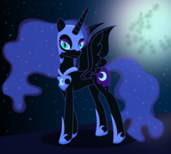 Size: 4057x3655 | Tagged: safe, artist:deannaphantom13, nightmare moon, alicorn, pony, g4, eyeshadow, female, helmet, high res, looking at you, makeup, mare, moon, night, slit pupils, smiling, solo, stars