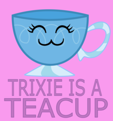 Size: 859x921 | Tagged: safe, artist:bob-finnski, trixie, object pony, original species, g4, :3, blue, cup, cute, diatrixes, eyes closed, female, happiness, happy, inanimate tf, irony, objectification, ponified, simple background, smiling, solo, teacup, teacupified, that pony sure does love teacups, transformation, trixie teacup