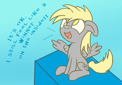 Size: 1280x896 | Tagged: safe, artist:hecc95, derpy hooves, pegasus, pony, g4, my little pony: friendship is magic, parental glideance, dialogue, female, filly, filly derpy, floppy ears, gradient background, happy, open mouth, open smile, podium, sitting, smiling, solo, spread wings, wings, younger